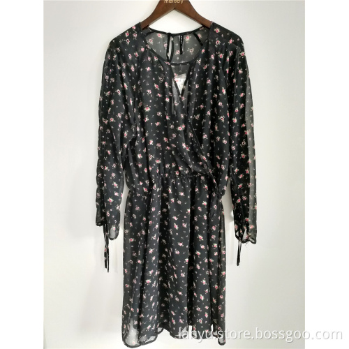 Women's Black Floral Chiffon Dress With Long Sleeves